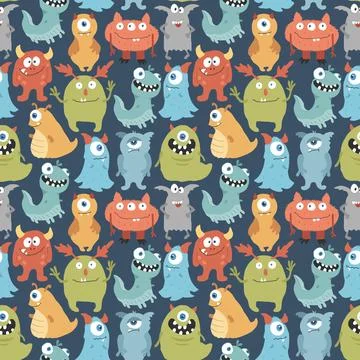 Cute monsters seamless pattern. Cartoon monsters background. Vector illustr.. Stock Illustration