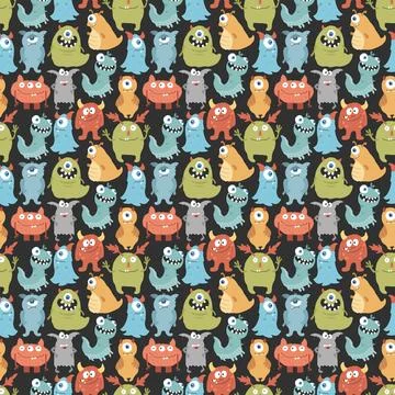 Cute monsters seamless pattern. Cartoon monsters background. Vector illustr.. 스톡 일러스트