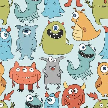 Cute monsters seamless pattern. Cartoon monsters background. Vector illustr.. Illustrazione stock