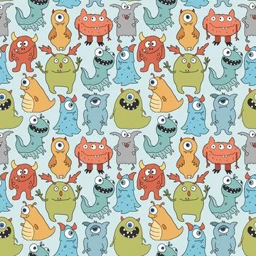 Cute monsters seamless pattern. Cartoon monsters background. Vector illustr.. 스톡 일러스트