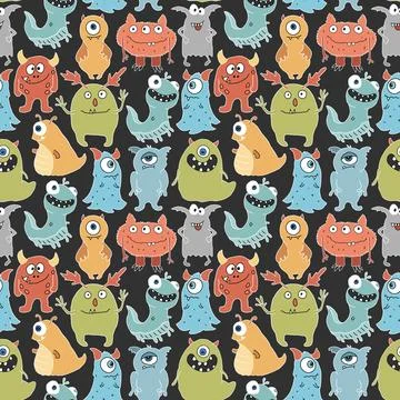Cute monsters seamless pattern. Cartoon monsters background. Vector illustr.. 스톡 일러스트