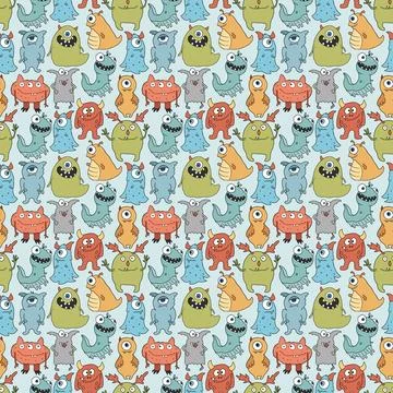 Cute monsters seamless pattern. Cartoon monsters background. Vector illustr.. Stock Illustration