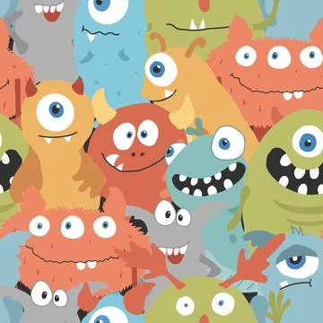 Cute monsters seamless pattern. Cartoon monsters background. Vector illustr.. 스톡 일러스트