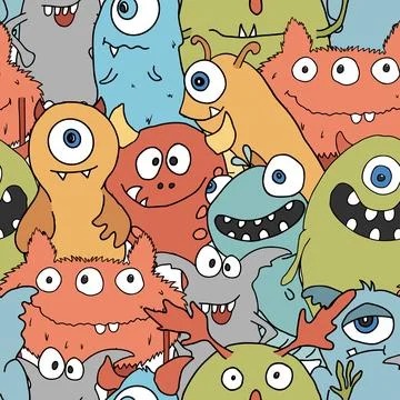 Cute monsters seamless pattern. Cartoon monsters background. Vector illustr.. 스톡 일러스트