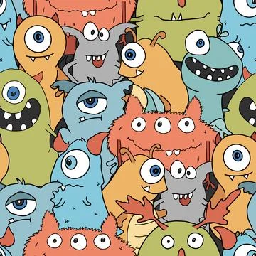 Cute monsters seamless pattern. Cartoon monsters background. Vector illustr.. 스톡 일러스트