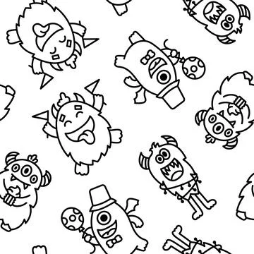 Cute monsters. Seamless pattern. Coloring Page. Stock Illustration