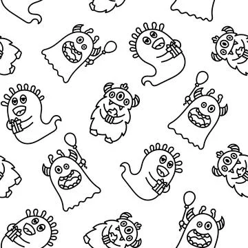 Cute monsters. Seamless pattern. Coloring Page. Stock Illustration