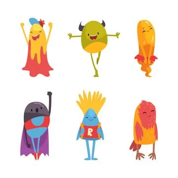Cute monsters set. Bright joyful funny aliens with friendly faces cartoon vector Stock Illustration