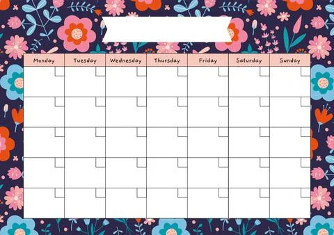 Cute monthly calendar template without numbers, spring vibe and flower patt.. Stock Illustration