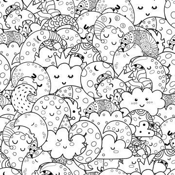 Cute moon and clouds black and white seamless pattern. Doodle coloring page Stock Illustration