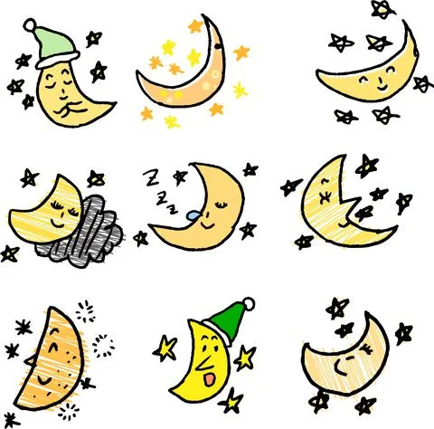 Cute moon and star scribbles drawn by children set Stock Illustration