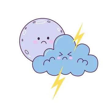 Cute moon and storm cloud with lightning in kawaii hand drawn style Stock Illustration