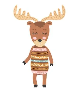 Cute moose flat hand drawn illustration. Forest fauna. Zoo mammal. Elk clipar Stock Illustration