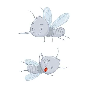 Cute mosquito set. Dead and flying parasitic insects cartoon vector illustration Illustration