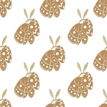 A cute moth character covers his face with one roof. Seamless pattern on a white Stock Illustration