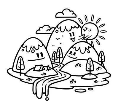 Cute mountain and river view line illustration Stock Illustration