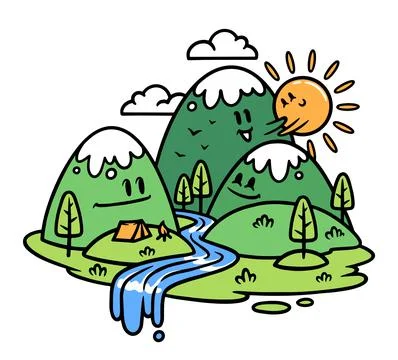 Cute mountain and river view illustration Stock Illustration