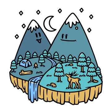 Cute mountain view and camp at night illustration Illustrazione stock