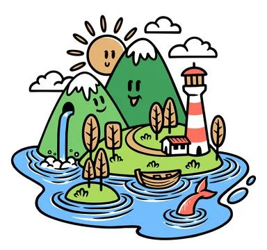 Cute mountain view and lighthouse illustration Stock Illustration