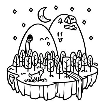 Cute mountain view at night line illustration Stock Illustration