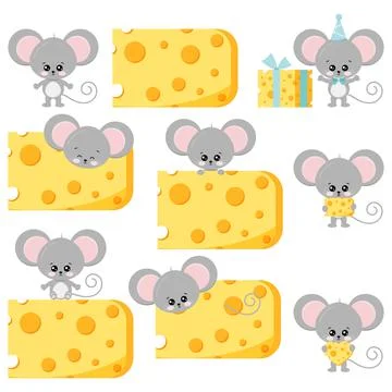 Cute mouse and cheese vector flat set isolated on white background. Stock Illustration