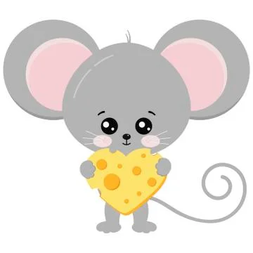 Cute mouse and heart shape piece of cheese in paws vector illustration. Stock Illustration