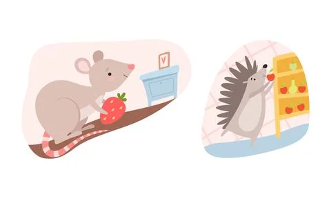 Cute Mouse and Hedgehog in Its Cosy Burrow or House Vector Set Stock Illustration