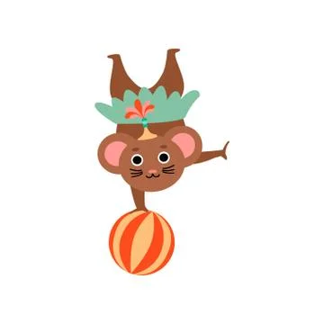Cute Mouse Balancing on Ball Upside Down on One Hand, Funny Animal Performing in Stock Illustration