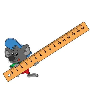 Cute mouse character in a blue cap holds in his paws a large school ruler, is Illustrazione stock