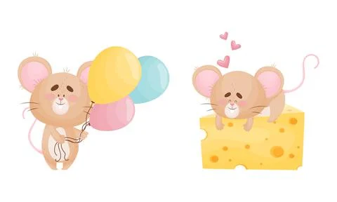 Cute Mouse Character as Small Rodent with Balloon Bunch and Lying on Cheese Slab Stock Illustration