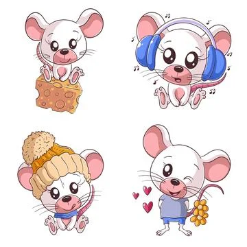 Cute mouse with cheese, hand drawn style set Stock Illustration