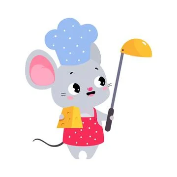 Cute Mouse Chef Character in Toque Hold Ladle and Cheese Vector Illustration Stock Illustration