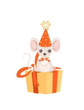 Cute mouse in a cone-cap sitting in gift box birthday animal concept cartoon Stock Illustration