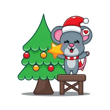 Cute mouse decorating the Christmas tree on Christmas day Stock Illustration