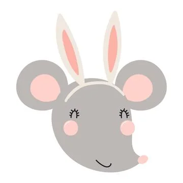 Cute mouse face with Easter bunny ears character illustration Stock Illustration