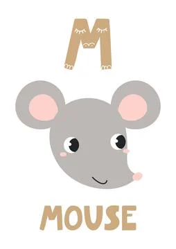 Cute mouse face, letter M, text, illustration isolated Stock Illustration