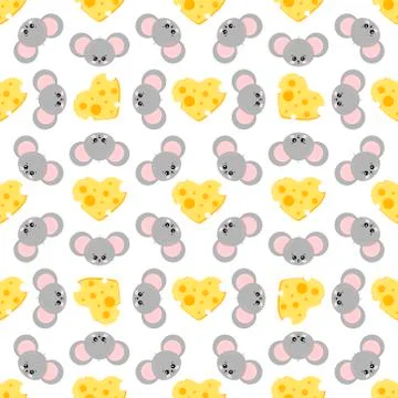 Cute mouse faces and cheese shape of heart colorful seamless pattern on white Stock Illustration