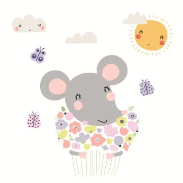 Cute mouse with flowers Stock Illustration