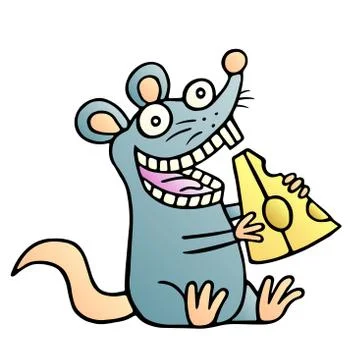 Cute mouse found a piece of cheese and happy. Vector illustration. Stock Illustration