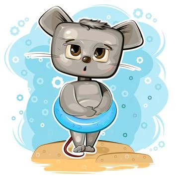Cute Mouse got ready to swim in an inflatable ring on beach. Funny comic baby Stock Illustration