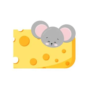 Cute mouse head looking out of hole in cheese Stock Illustration