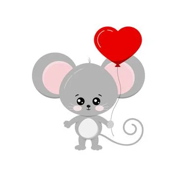 Cute mouse with heart shape balloon in paw isolated on white background. Stock Illustration