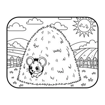 Cute mouse hiding in haystack on sunny farm landscape Illustrazione stock