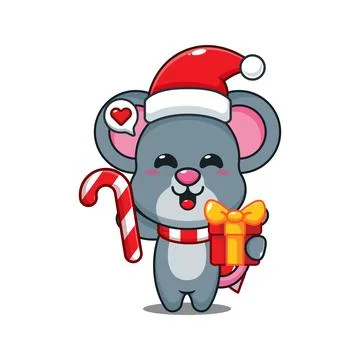 Cute mouse holding christmas candy and gift Stock Illustration
