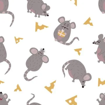 Cute mouse pattern with cheese on white vector background. Stock Illustration