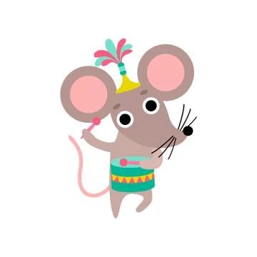 Cute Mouse Playing Drum, Funny Animal Performing in Circus Show Vector Stock Illustration