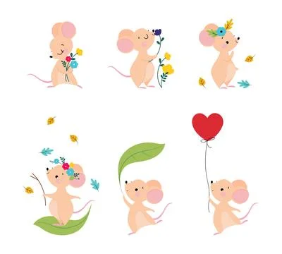 Cute Mouse with Pointed Snout and Rounded Ears Vector Set Stock Illustration