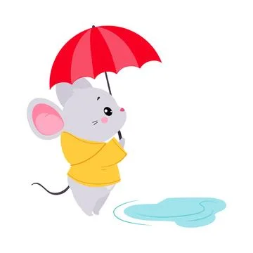 Cute Mouse in Rainy Day Walking in Raincoat with Umbrella Vector Illustration Ilustración de archivo