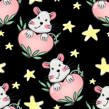 Cute mouse seamless pattern with hearts and stars on black night backdrop Illustrazione stock