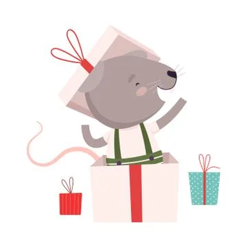 Cute Mouse Sitting Inside Gift Box, Cute Small Rodent Animal Character, Symbol Stock Illustration